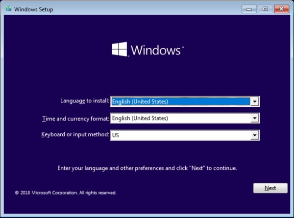 انتخاب زبان قبل از شروع نصب ویندوز 10